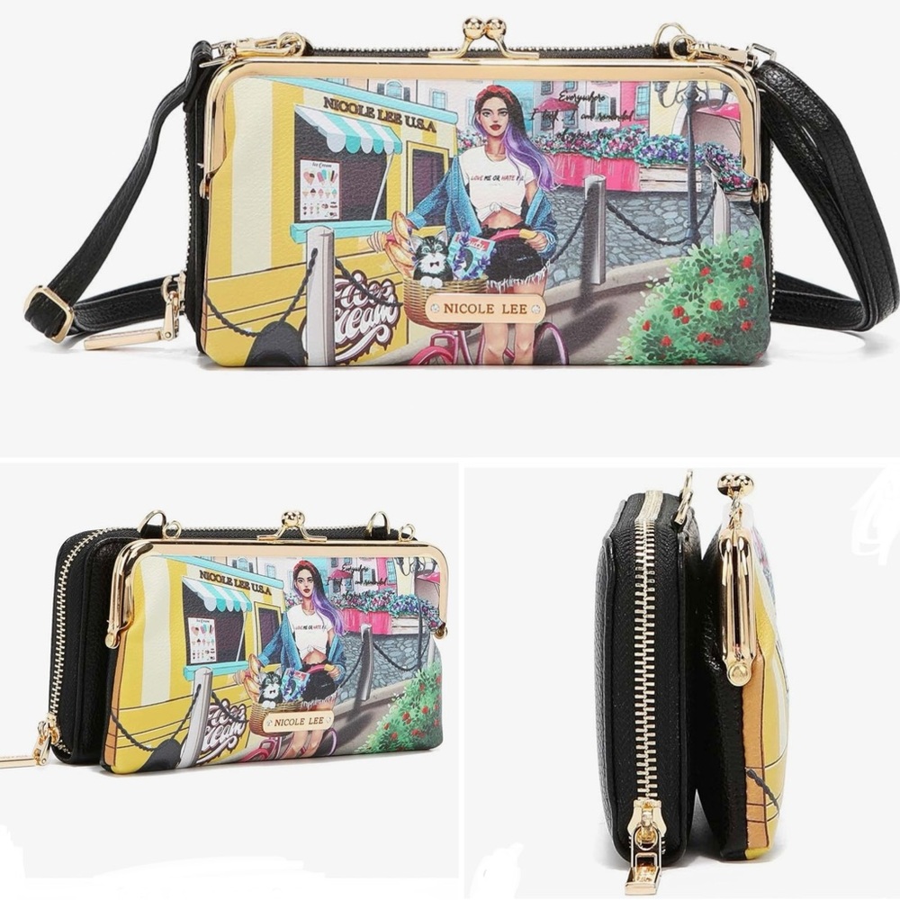 Nicole Lee Signature Kiss Lock Crossbody Wallet-COZY STREET IN MILAN-RFID-NWT